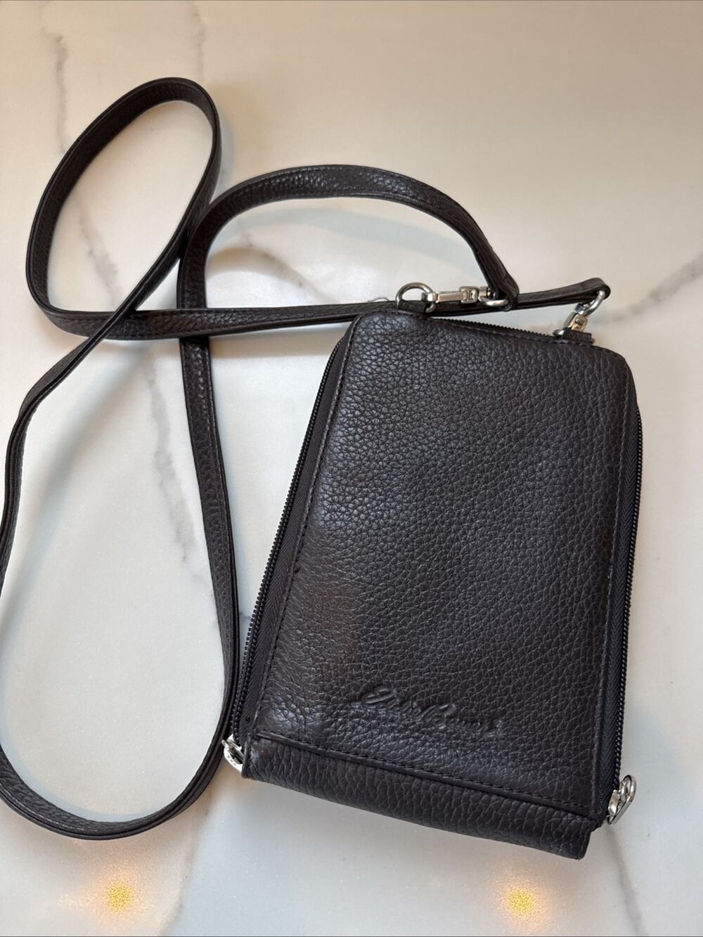 Eddie Bauer Pebbled Brown Leather Crossbody Wallet Bi-fold Passport Men Travel